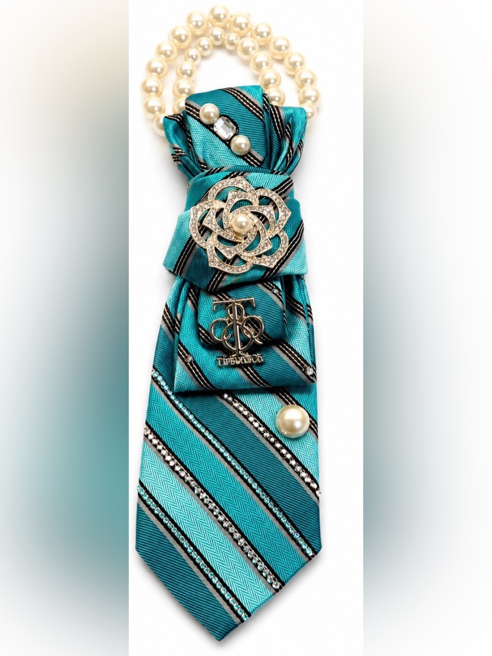 Turquoise Striped Women’s Statement Tie Necklace with Pearls & Decorative Brooch